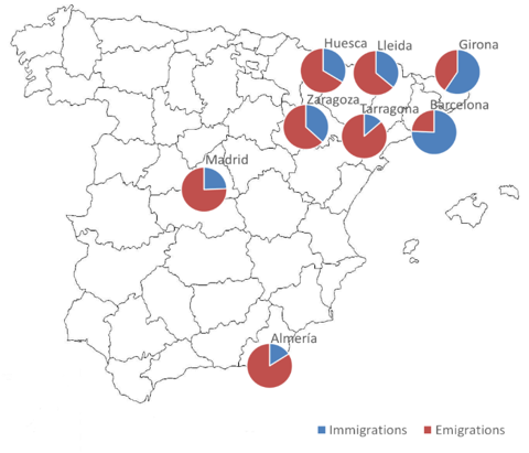 Figure 1. Distribution of Gambians emigrants' movements across Spain from 2001 to 2011